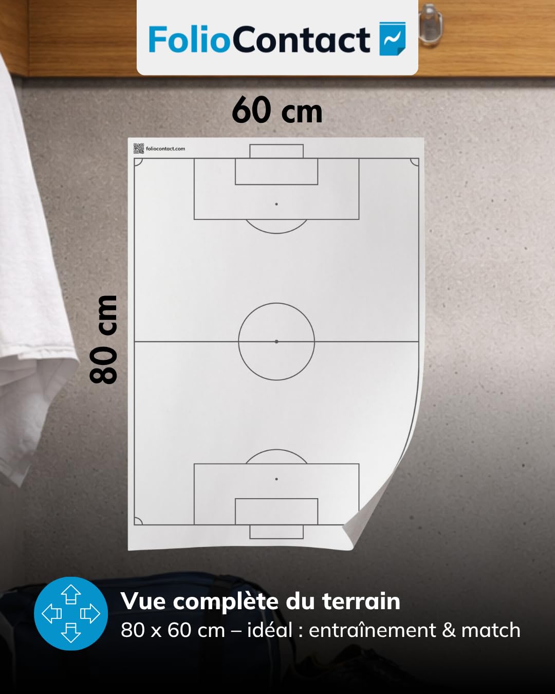 FolioContact - Tableau tactique de football - 60 x 80 cm - Film tactique statique auto-adhésif avec 25 feuilles et 2 marqueurs pour tableau - Effaçable et réinscriptible - Alternative au tableau