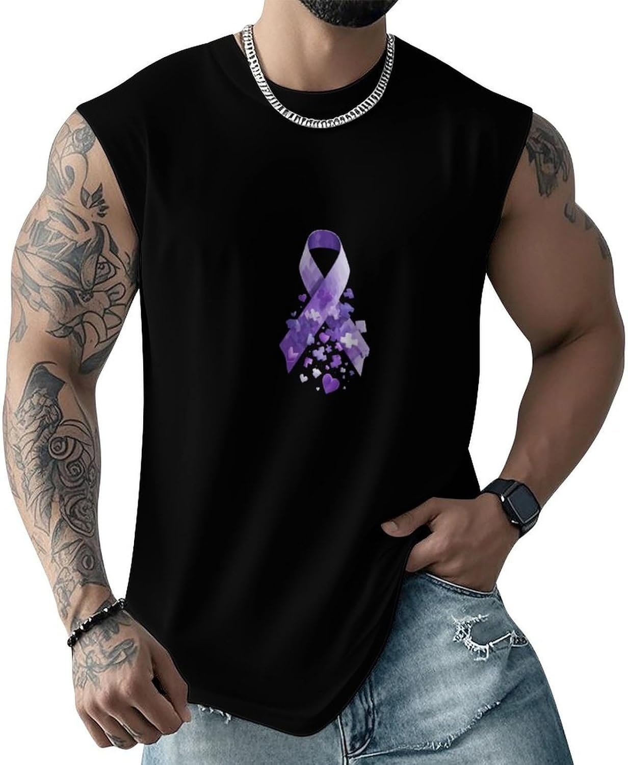 Alzheimer Awareness Ribbon Men Summer Sleeveless Crew Neck Top 5XL
