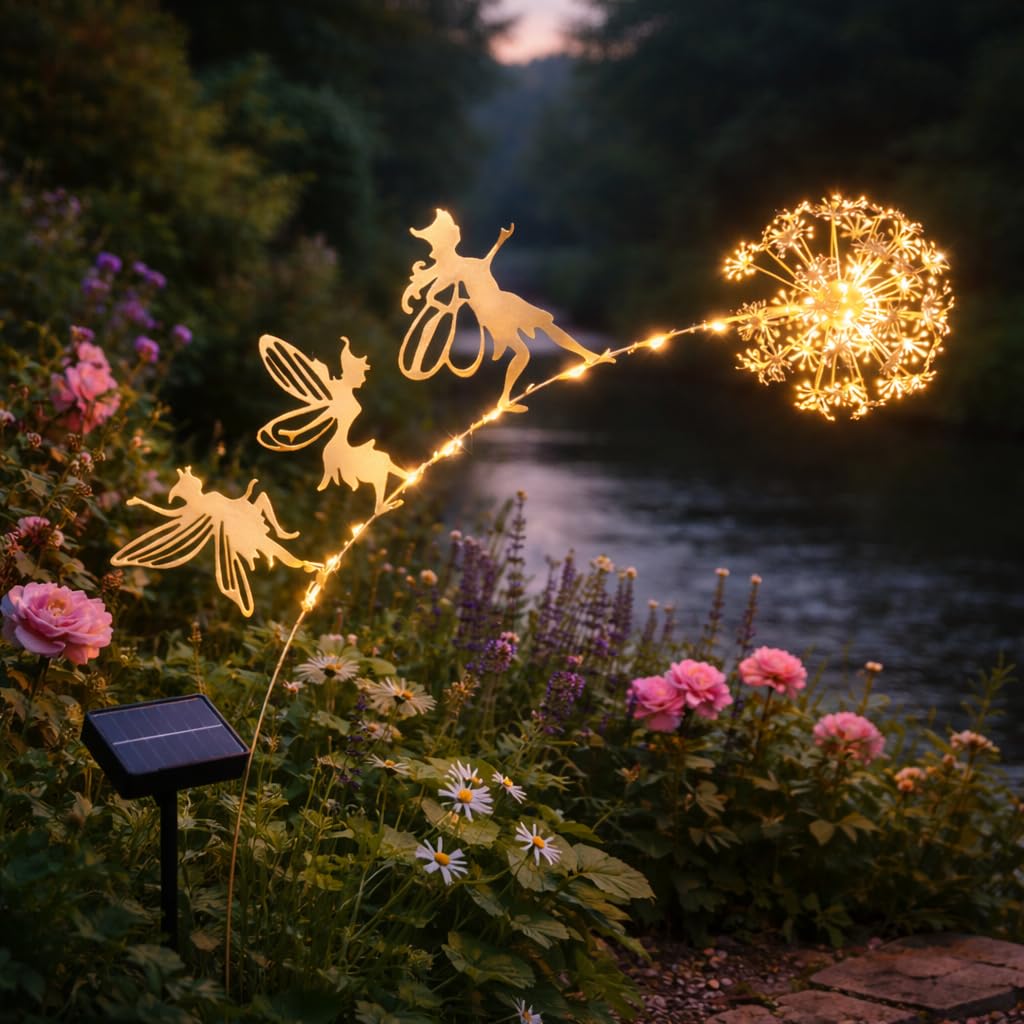 Garden Mile Silver Solar Fairy Garden Light - 70 Cm Metal Dandelion Ornament With 3 Fairy Figures Solar Powered Led Firefly Effect Weatherproof Outdoor Decoration For Garden Or Flower Beds