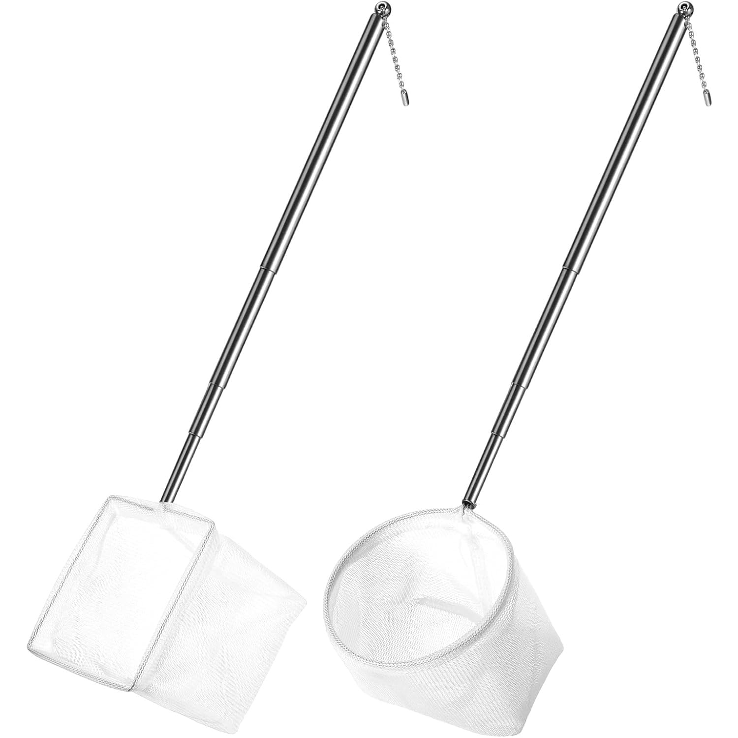 2 Pcs Fishing Net, Extendable Handle Fish Tank Net, Stainless Steel Long Handle Fish net Aquarium, Fine Mesh Aquarium net, for Fishes, Shrimp, Pond, Creek, Small River (Round and Square)