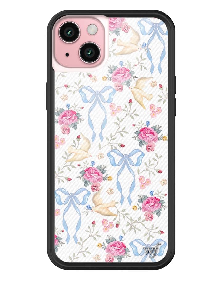 Wildflower Cases - Lovey Dovey Case, Compatible with Apple iPhone 15 Plus | Pink, White, Floral, Doves, Trendy, Cute - Protective Black Bumper, 4ft Drop Test Certified, Women Owned Small Business