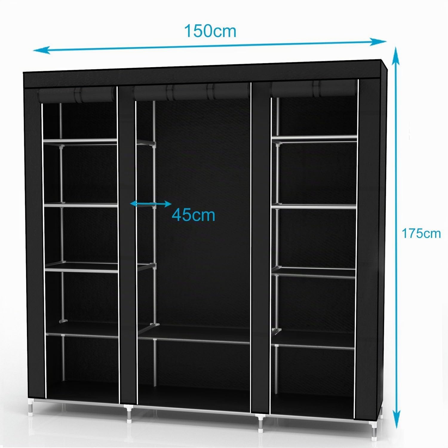 INTIRILIFE Armario Tela Plegable 150x175x45 cm in Negro Cuervo - Guardar Ropa Organizador de Textil Tela Portátil con Cremallera y Barra de Armario per Colgar - Closet Estanteria Exterior