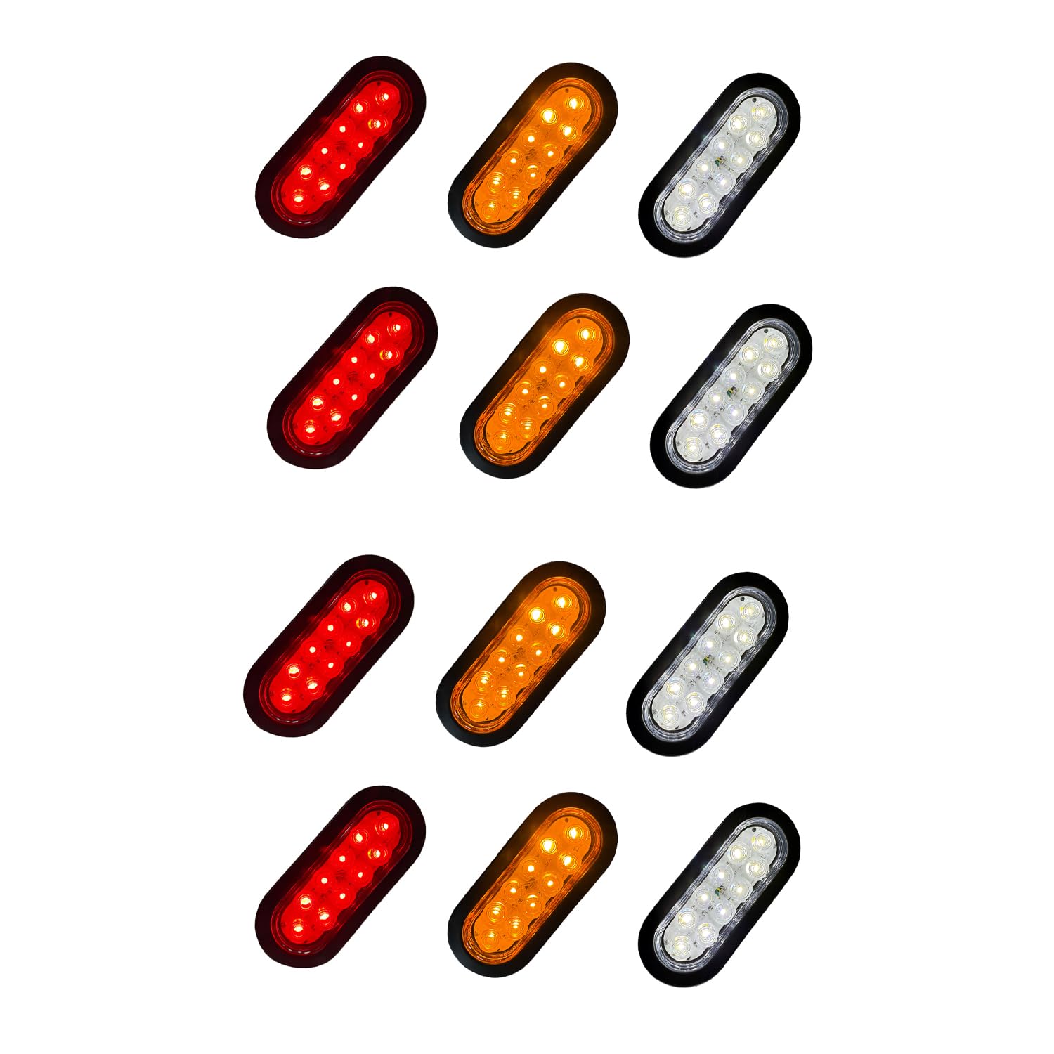 12PCS 6" Oval 10 LED Stop Turn Tail Brake Lights Running Reverse Lamp 12V For Truck Trailer Boat Bus Lorry Van caravan, 2* Red 2* Amber 2* White