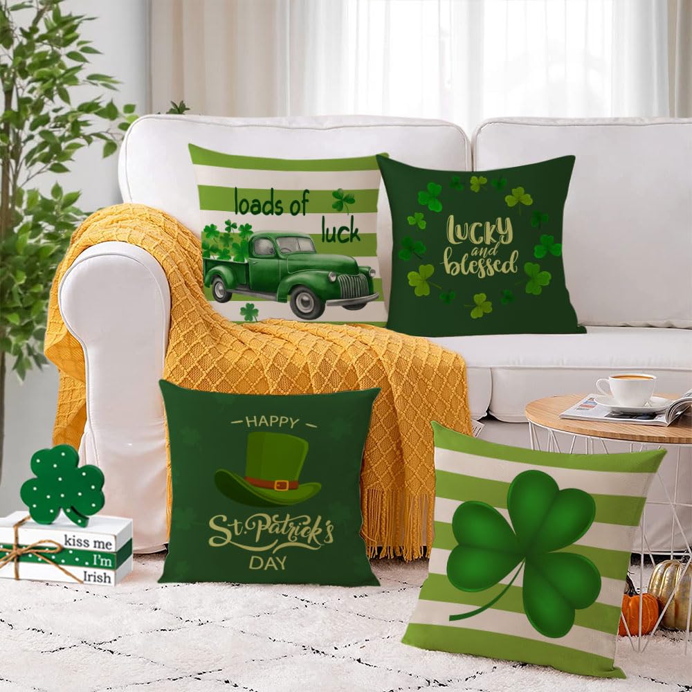 Set Di 4 Federe Per Cuscini San Patrizio 40x40 Cm, Lino Di Qualità Con Trifoglio E Cappello Verde, Decorazione Casa Festiva Con Cerniera Nascosta, Regalo Tematico