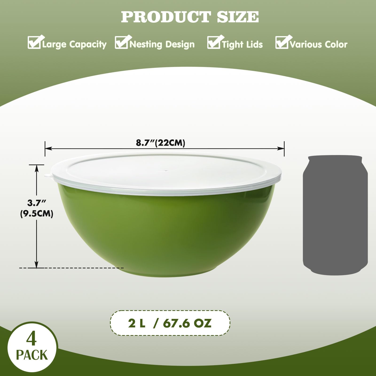 Greentainer Lot de 4 Bols de Préparation avec Couvercles, Empilables - Saladiers en Plastique Alimentaire pour Cuisine, Mélange et Stockage (22 cm, 2L, Vert) - Idéaux pour Salade, Pâtisserie