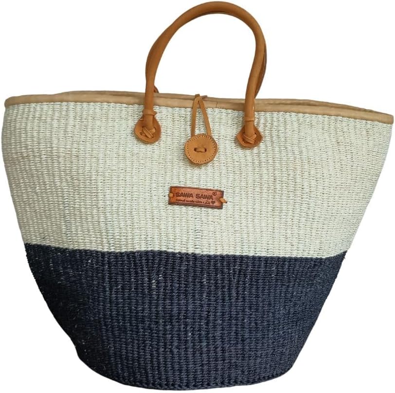 Balance Half Handwoven Economical Sisal Basket Tote Bag, Market Grocery Shopping Bags with Leather Strap Handles and Button Closure, Summer Beach Basket Handbag, Large Straw Shoulder Purse for Women