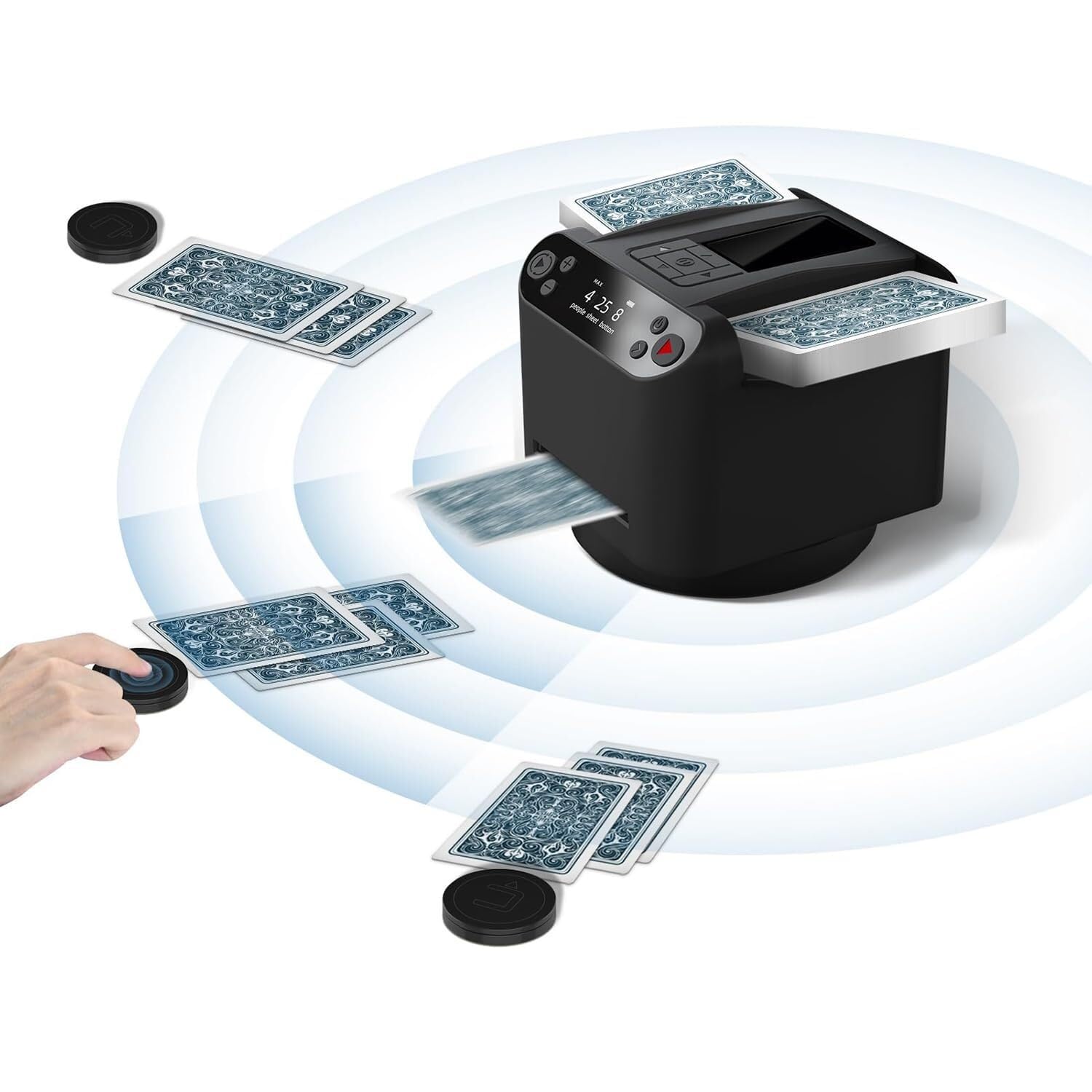 Distribuidor de cartas totalmente automático Máquina de reparto de cartas giratoria de 360° con 4 botones de repartidor inalámbricos, máquina barajadora de cartas recargable for UNO, Blackjack, Texas