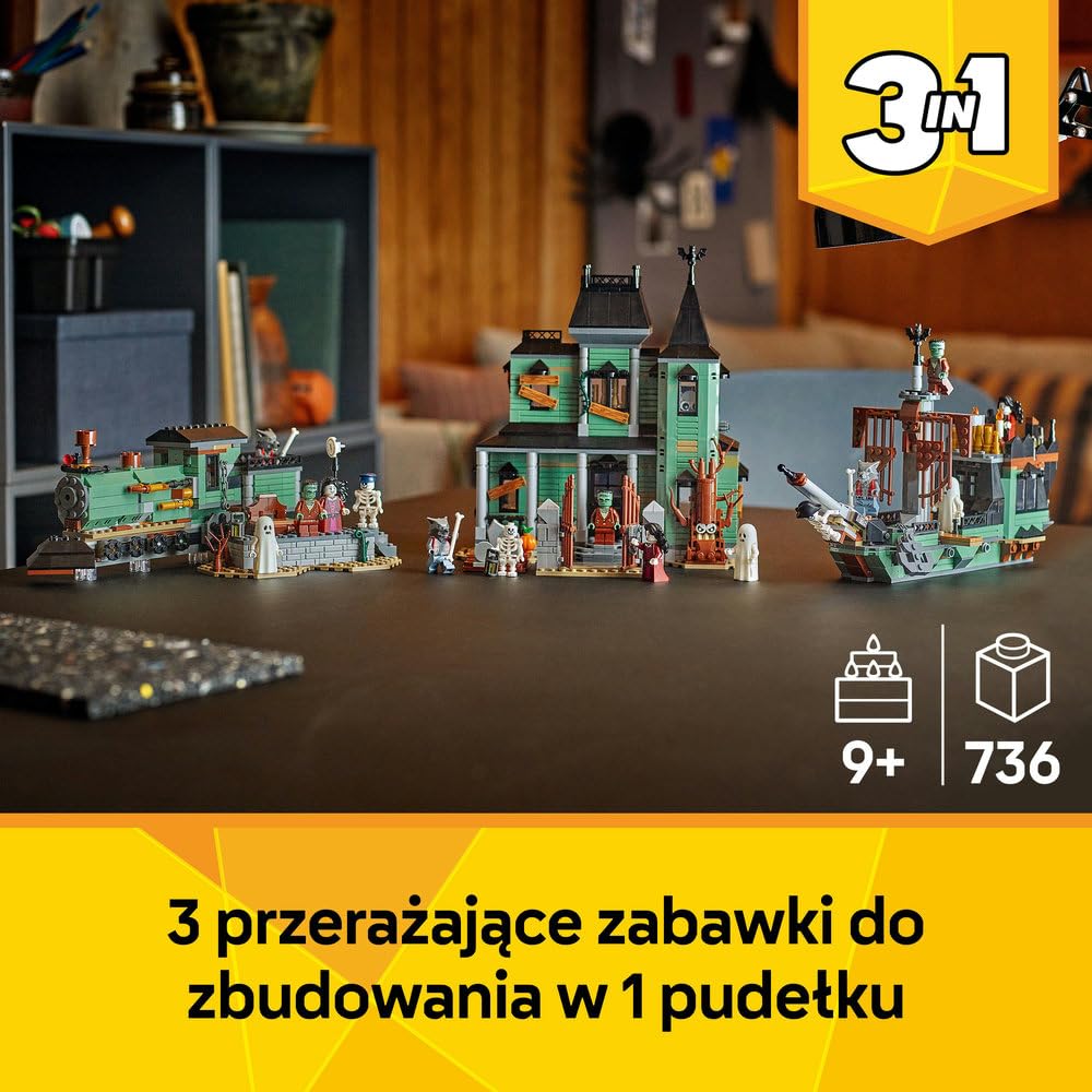 LEGO Creator 3 w 1 Nawiedzona rezydencja 31167 | Zestaw klocków konstrukcyjnych, model domu do przebudowy na pociąg lub statek, prezent dla dzieci od 9 lat, 736 elementów