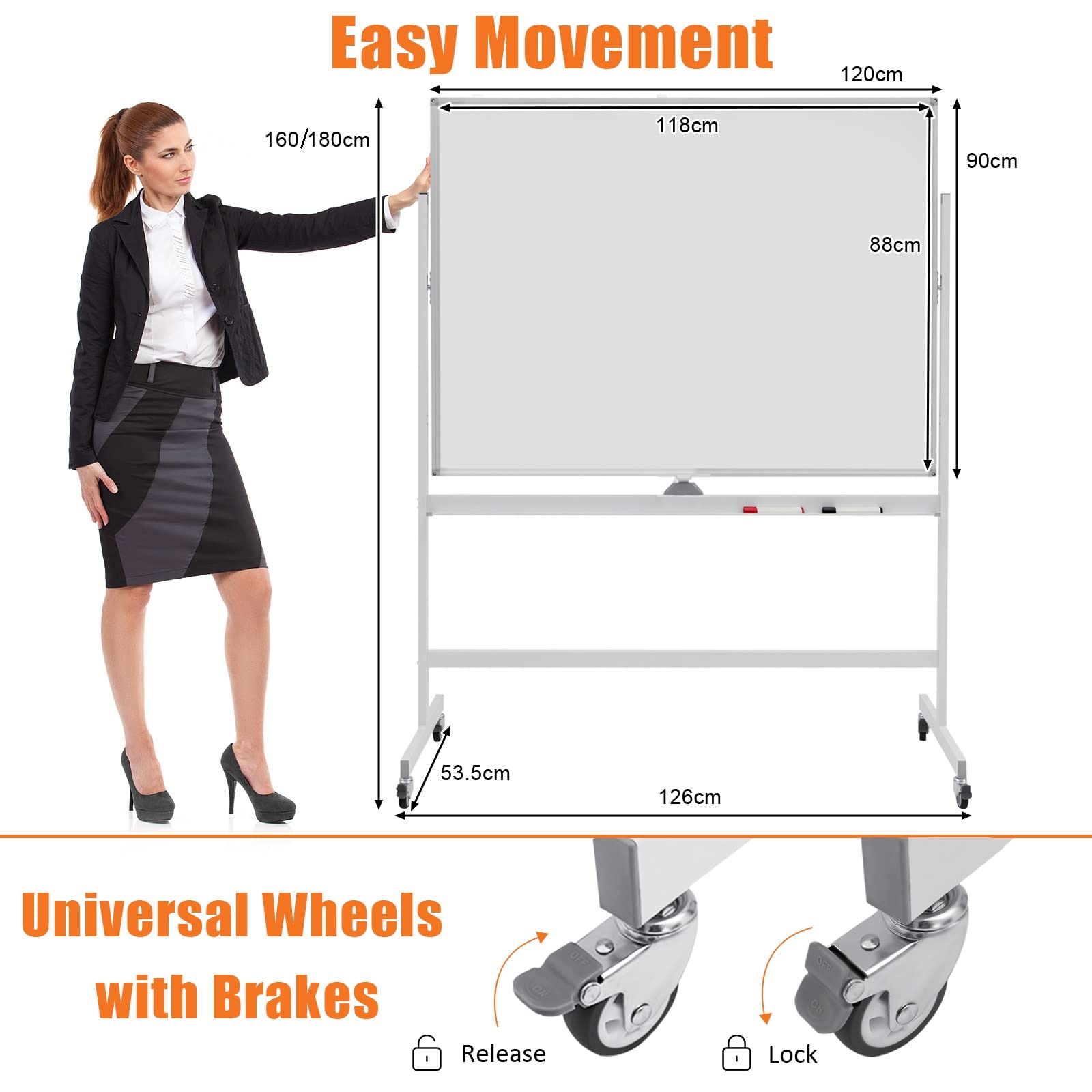 GIANTEX Mobiles Whiteboard mit Ständer, 120 x 90 cm Doppelseitige Magnettafel 160/180 cm höhenverstellbar & 360° drehbar, Magnetisch mit Stiftablage, für Schule, Zuhause & Büro (Weiß)