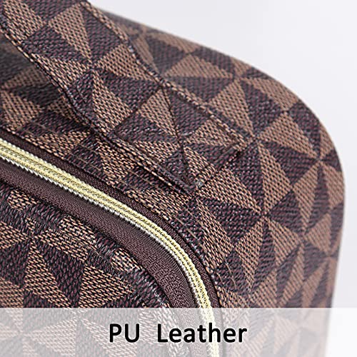 Yewamia Travel Makeup Case Professional Pu Cosmetic Train Case Cosmetic Storage Case Organizer With Adjustable Compartments For Cosmetic Brushes Tools,Jewelry Accessories,(Brown Triangle) #TOP2