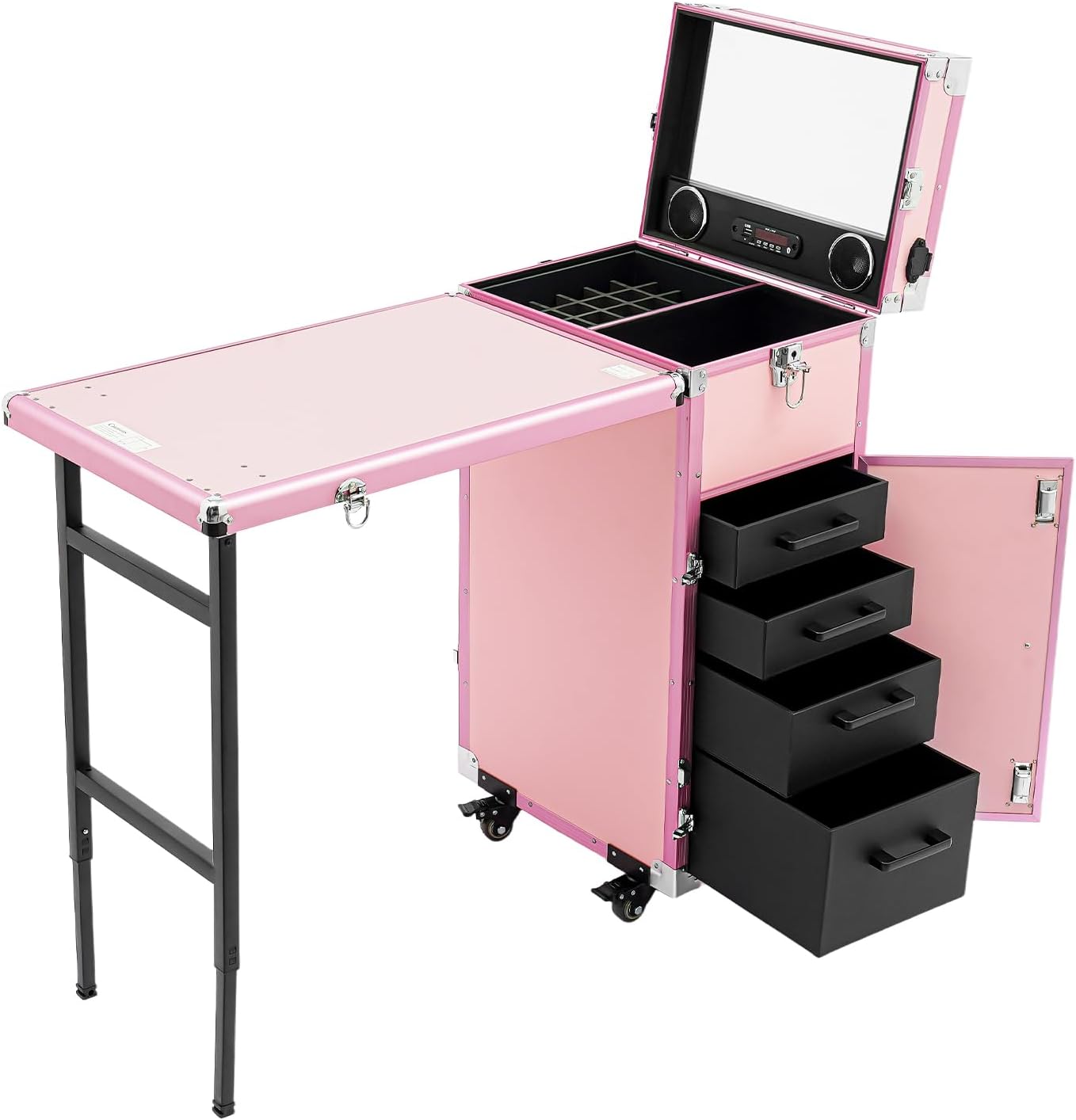 Rolling Portable Manicure Table, Foldable Rolling Manicure Desk Makeup Train Case with 4 Drawers Travel Cosmetic Trolley Storage Organizer for Technician Workstation Mobile Makeup Artist Trolley Pink