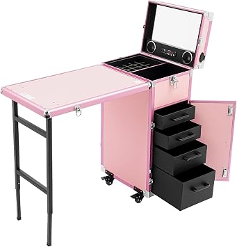 Rolling Portable Manicure Table with 4 Drawers, Makeup Train Case