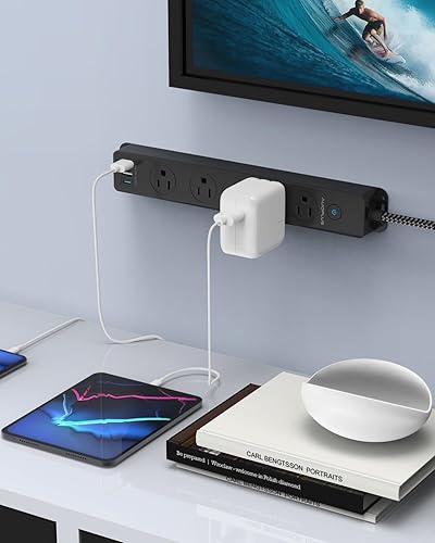Miniatura 8 de Regleta protectora de sobretensiones con puertos USB C, cable de extensión trenzado de 5 pies, 5 salidas y 3 puertos USB (1 USB C), regletas de