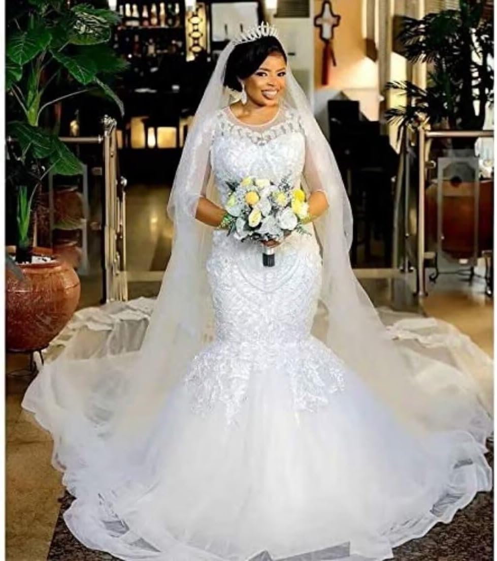 Women's Crewneck Lace Sequins Train Bridal Ball Gowns Beach Mermaid Wedding Dresses for Bride with Half Sleeves