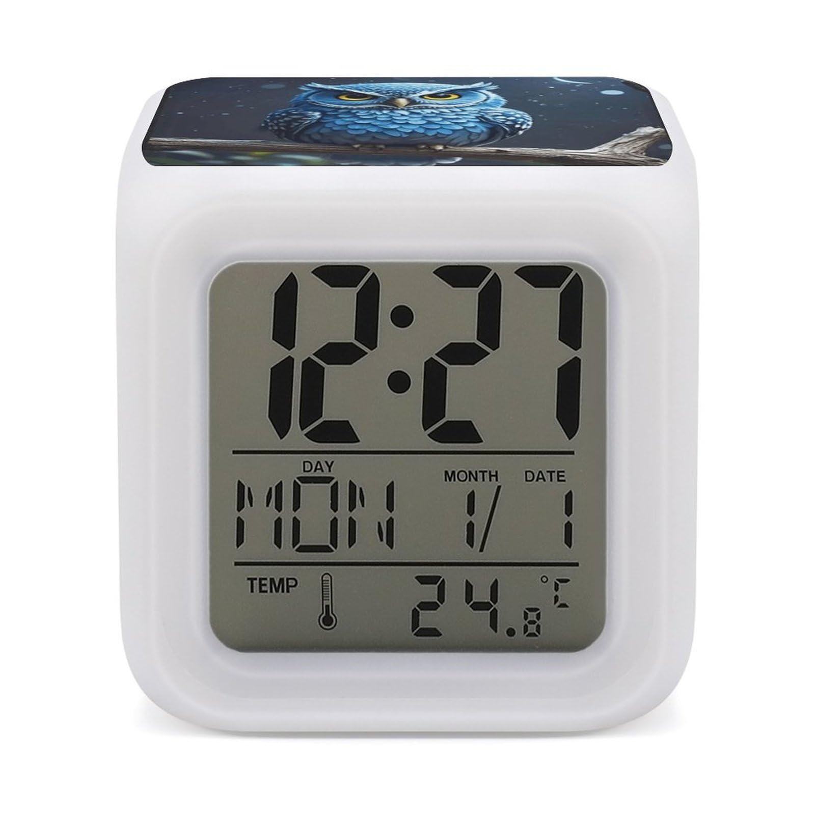 Reloj despertador digital de búho con luces de 7 colores para niños