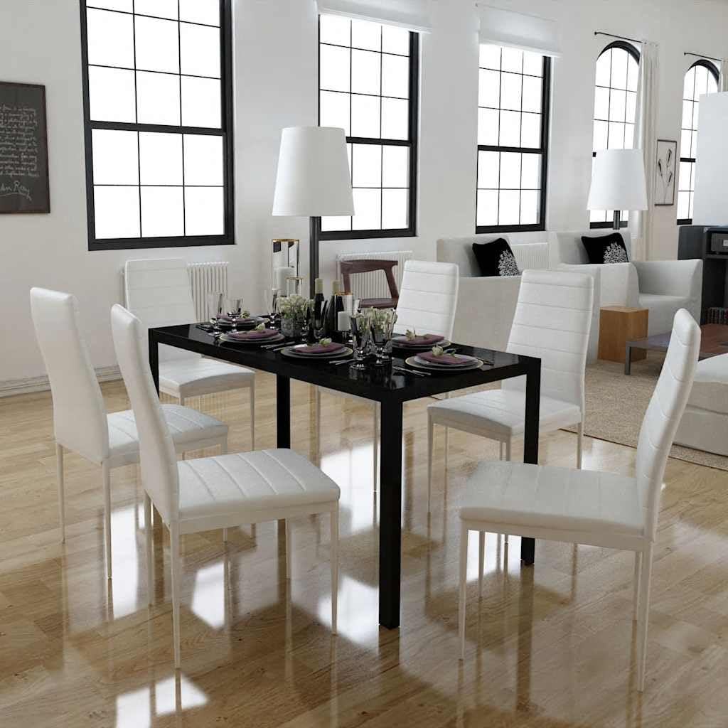 7-TLG. Essgruppe Schwarz Weiß mit gehärtetem Glas Tisch und Kunstleder Stühlen, 120x60x74 cm Esszimmer Sitzgruppe für Küche Wohnzimmer, modernes Design platzsparend und komfortabel