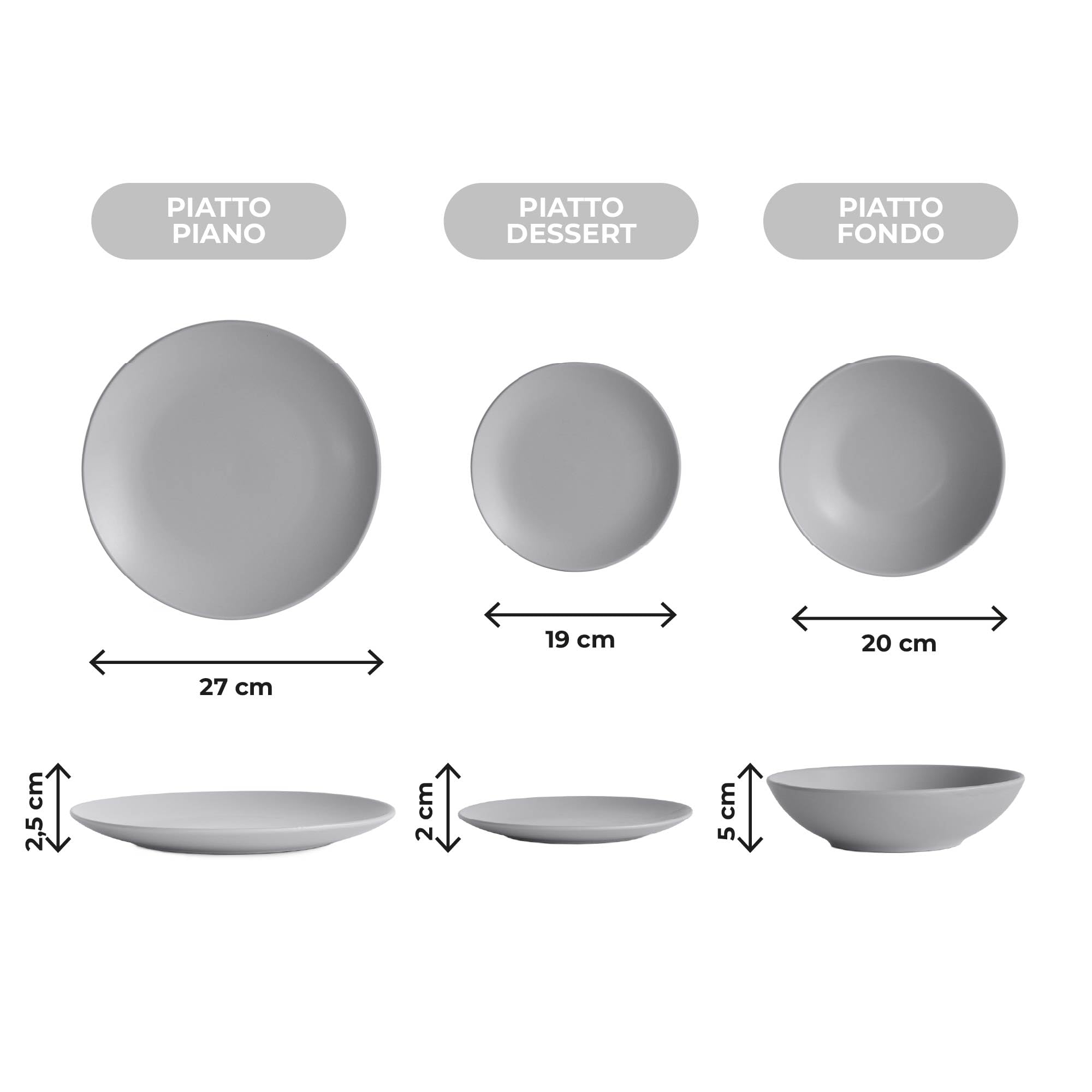 IlGruppone 18 Piatti, 6 Coperti Completi - Servizio da Tavola in Gres Porcellana Smaltato, Piatti con Certificazione Contatto Alimentare per Microonde e Lavastoviglie - Design Moderno, Grigio