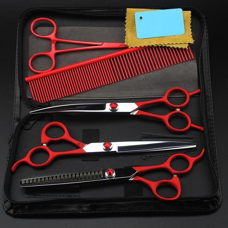Dog Grooming Scissors Shears, 5 PCS Japan 440c 7 Inch Red Pet Dog Grooming Hair Scissors Cutting Barber Pet Thinning Shears Tools Hairdressing Scissors (Color : 40 teeth set)