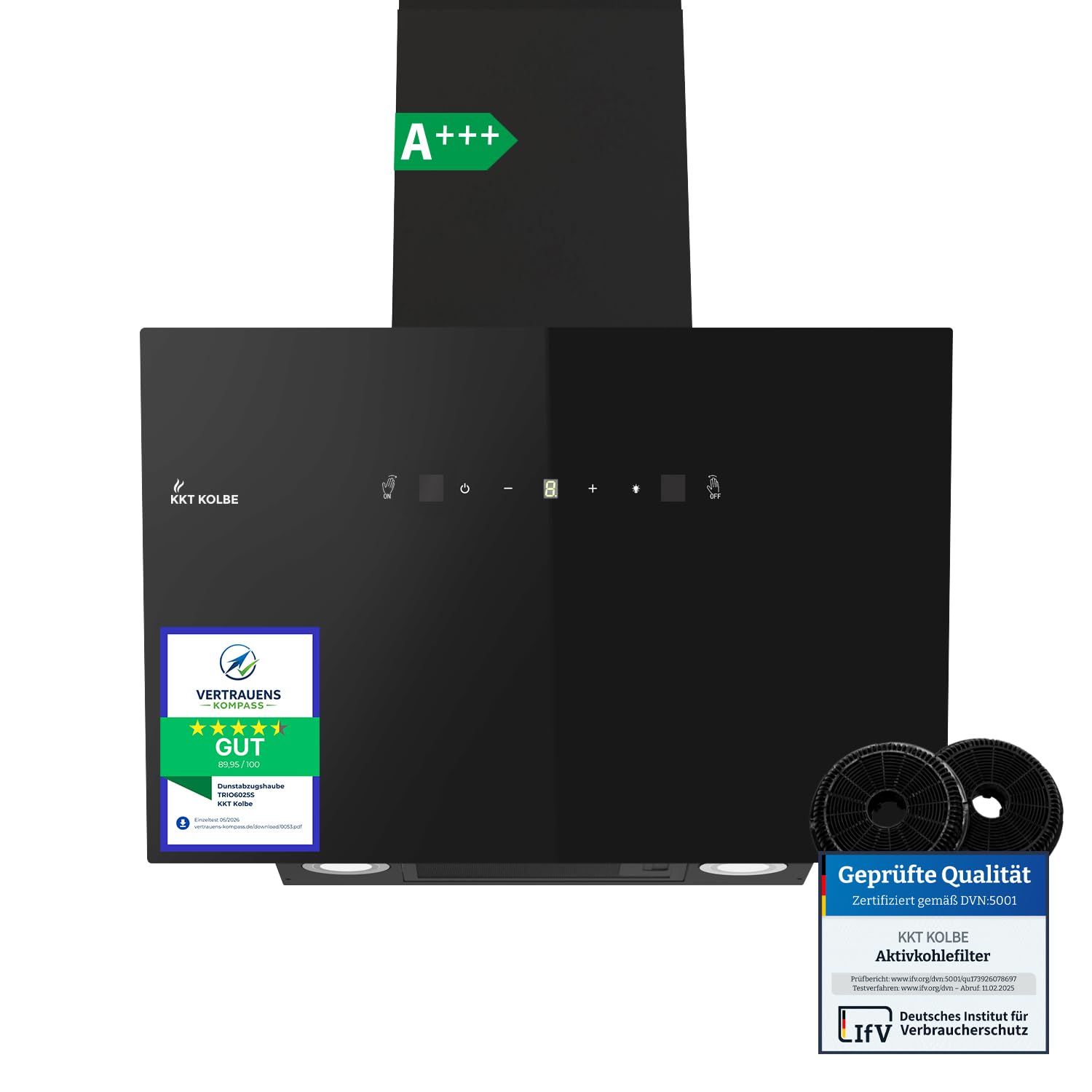 KKT KOLBE Dunstabzugshaube 60cm | Umluft Abluft | 782cbm/h | Wandhauben Kopffrei | Schwarz | Glas | Gestensteuerung | SensorTouch Bedienung | LED-Beleuchtung | TRIO6025S