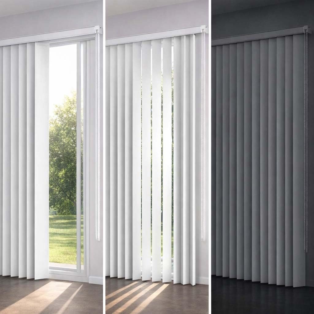 Vertical Blinds for Sliding Glass Doors 68" 78" 88" 98" 108" White Blackout Window Shades & Privacy Room Divider, Heavy Duty PVC Fabric Closet Cover Blinds, Cord & Chain(59" W x 106" H)