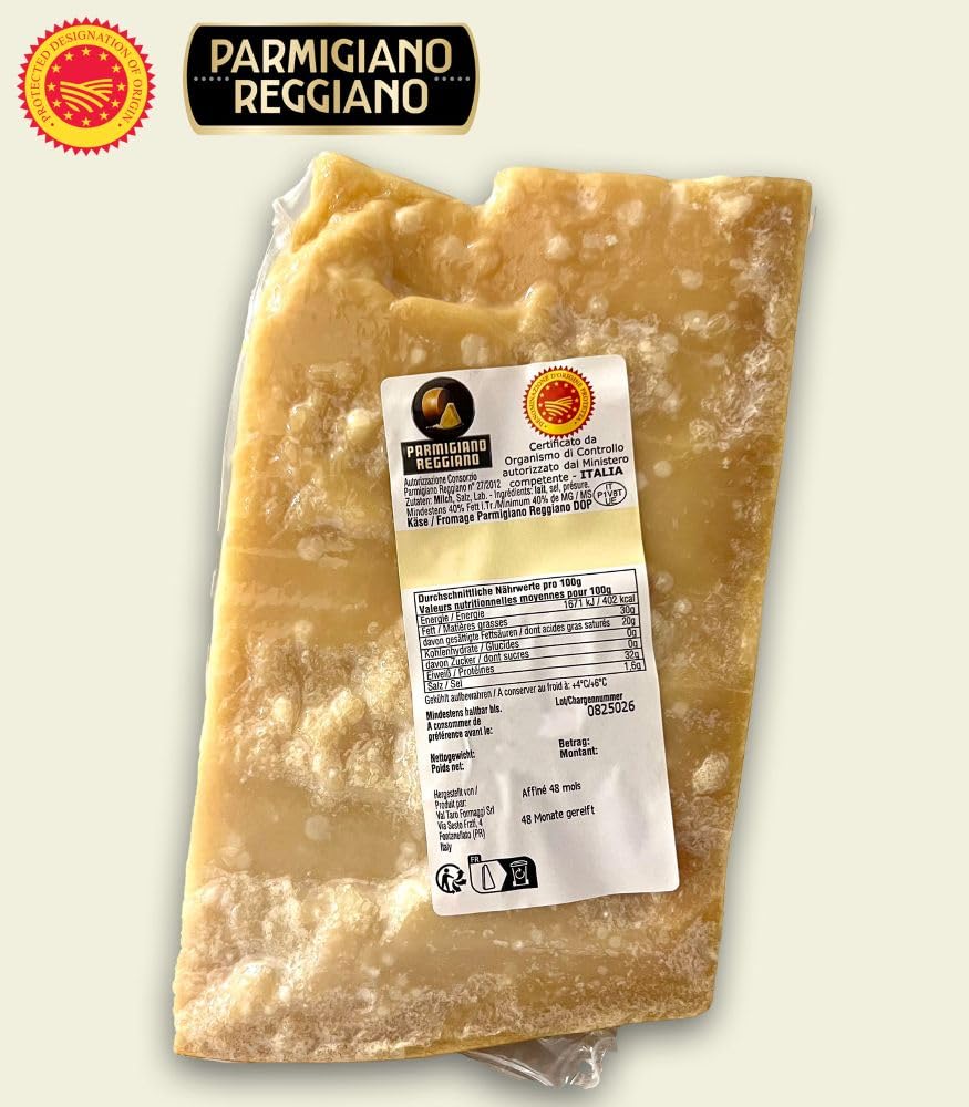 mind. 48 Monate Reifung Parmigiano Reggiano DOP Parmesan Hartkäse 500gr am Stück Parmesan "Stravecchio"