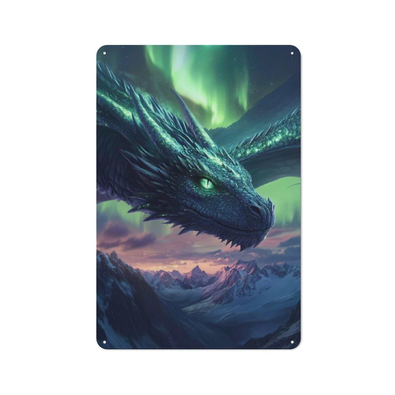 Junmoney Dragon In Northern Lights Rustic Tin Sign 30X20cm For Lounge Or Reading Corner, For Metal Sign Collectors, For Cafés, Pubs And Restaurants