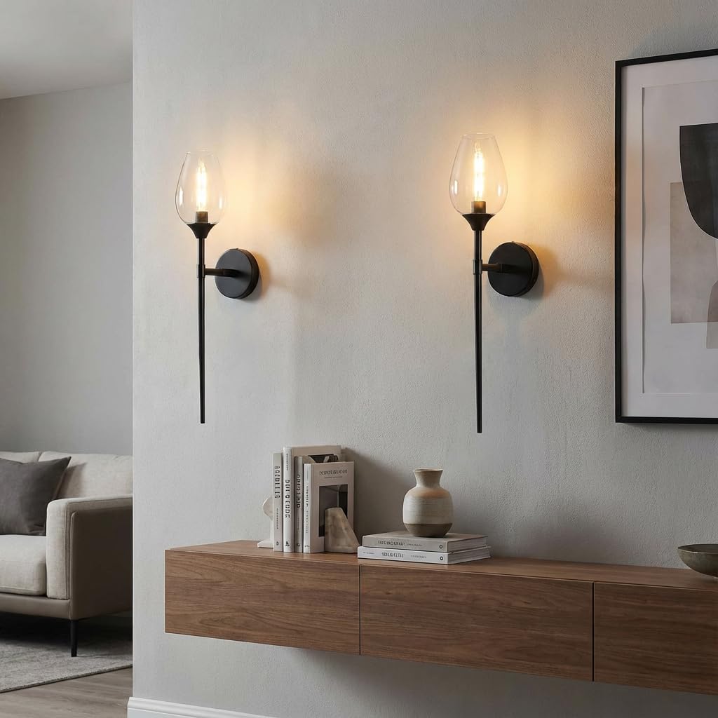 Modern LED Wandleuchte Innen, 2er Set Kreativ Weinglasform Glas Wandlampe Warmweiß, Wandlicht Wandbeleuchtung für Schlafzimmer Wohnzimmer Treppenhaus Badezimmer (Schwarz)