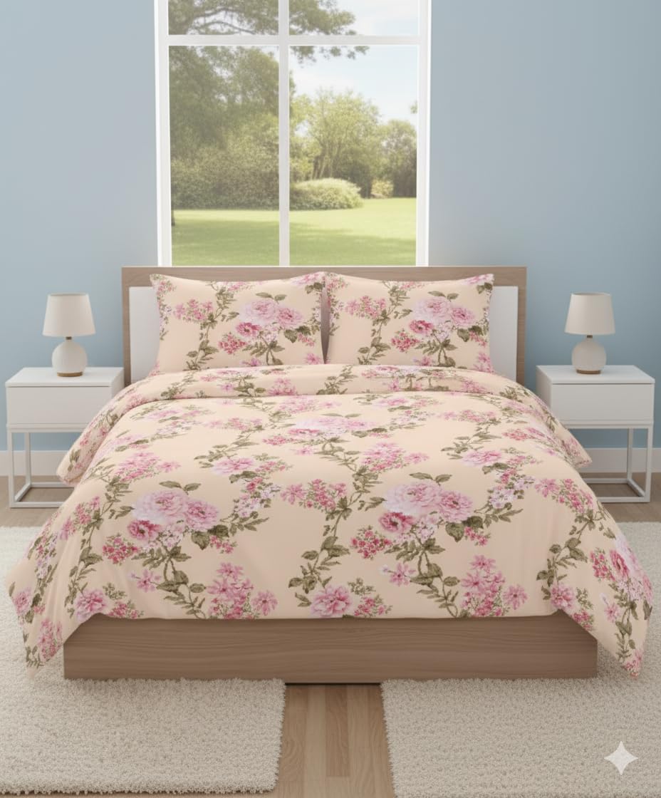 Hadi London 4 Piece Bedding Set Duvet Cover Fitted Sheet with Pillow Cases Soft Brushed Microfibre Printed Complete Bed Sets in Single Double and King Size (Blossom Peach, King (U.K. Standard))