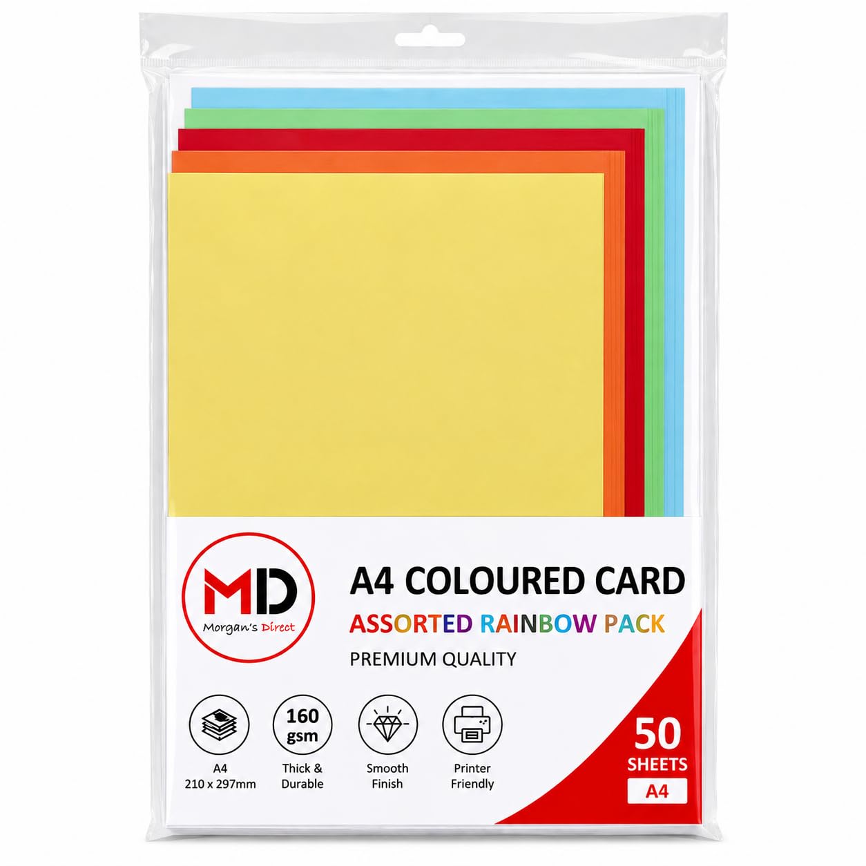 Morgan's Direct A4 Assorted Rainbow Colour Card 160gsm – Pack of 50 Sheets | Premium Paper for Printing, Arts & Crafts, Card Making, School, Office, Invitations, Posters & DIY Projects