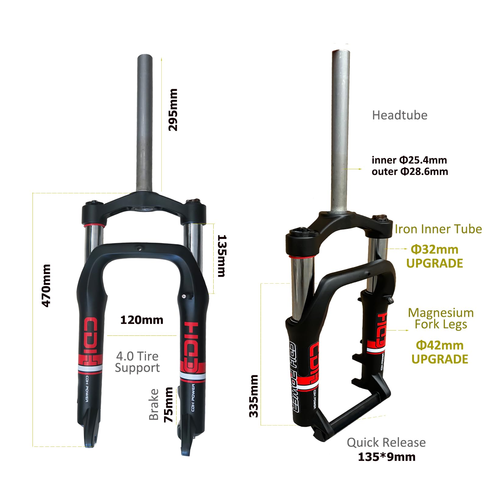 Forcella per Bicicletta 20" con Sospensione per Pneumatici Grassi da 4,0", a Spalla Singola con 1-1/8" Combo Attacco Manubrio, Freno a Disco per Bici da Neve/Triciclo