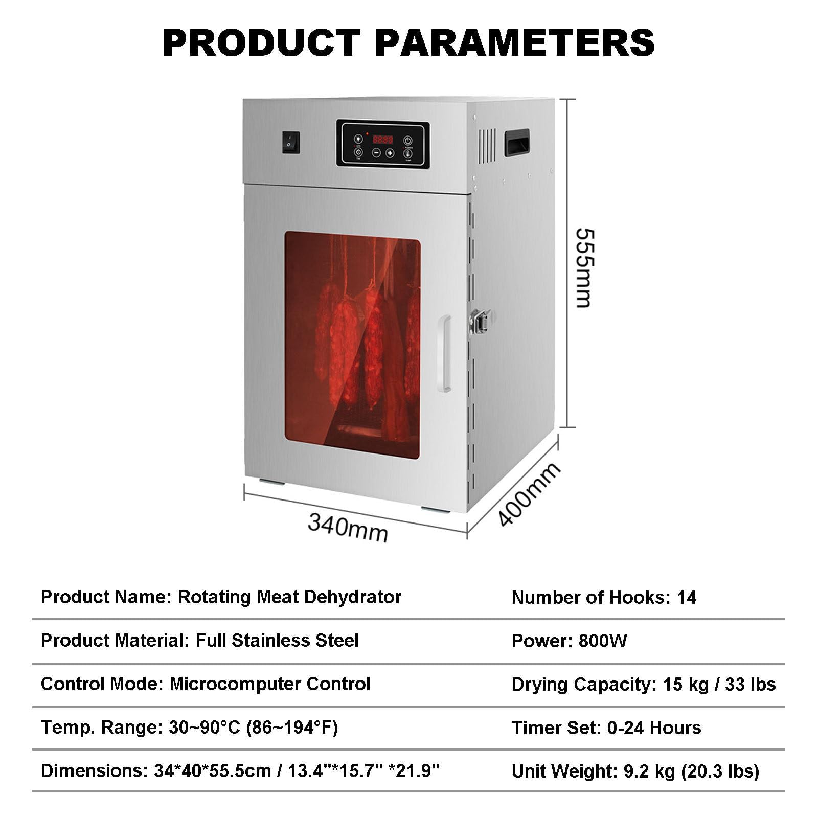Disidratatore per Carne essiccato Uniforme a 360° per Carne secca, disidratatore Professionale per Carne da 800 W con Timer Digitale e Controllo della Temperatura, Grande capacità di 15 kg