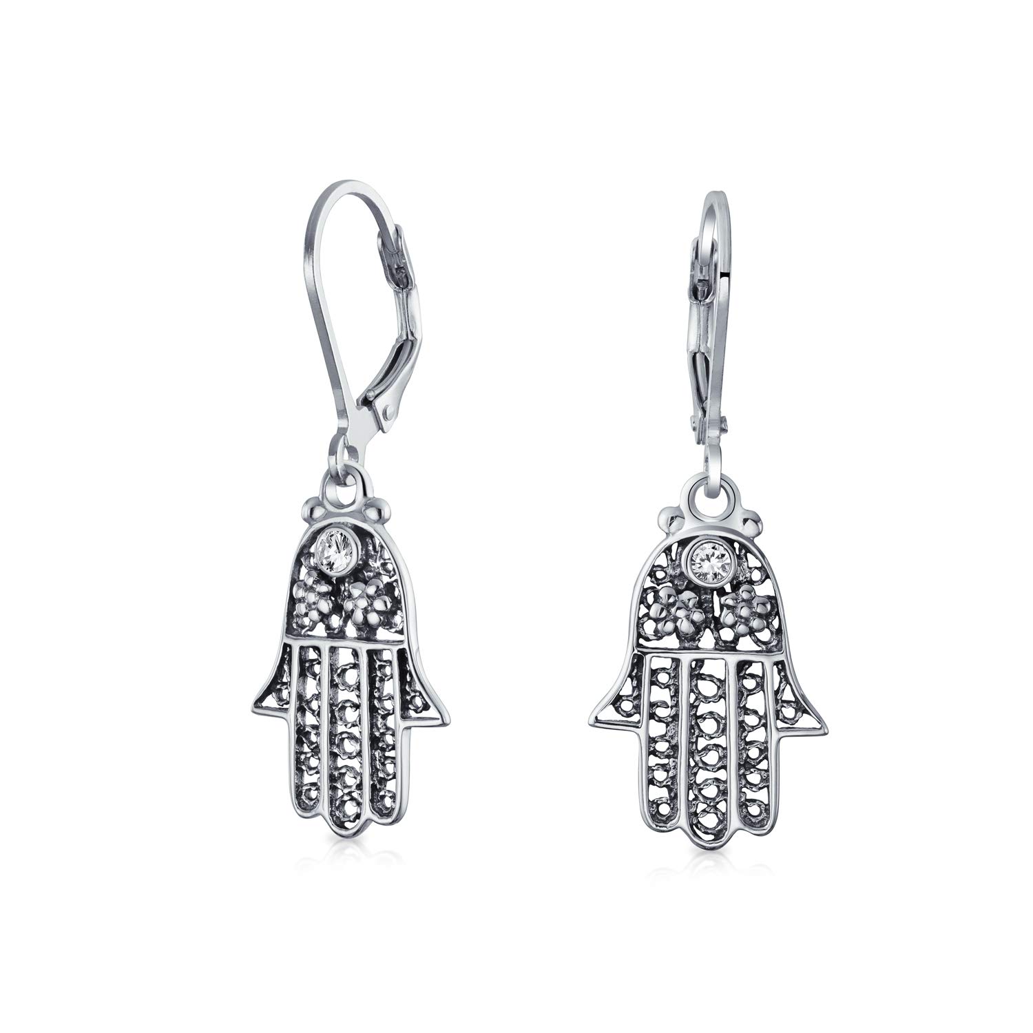 Bling Jewelry Amuleto Talismano Hamsa Mano Di Dio Orecchini Pendenti Goccia In Filigrana Floreale Per Donne Per Adolescenti Argento 925 Ossidato A Tracolla
