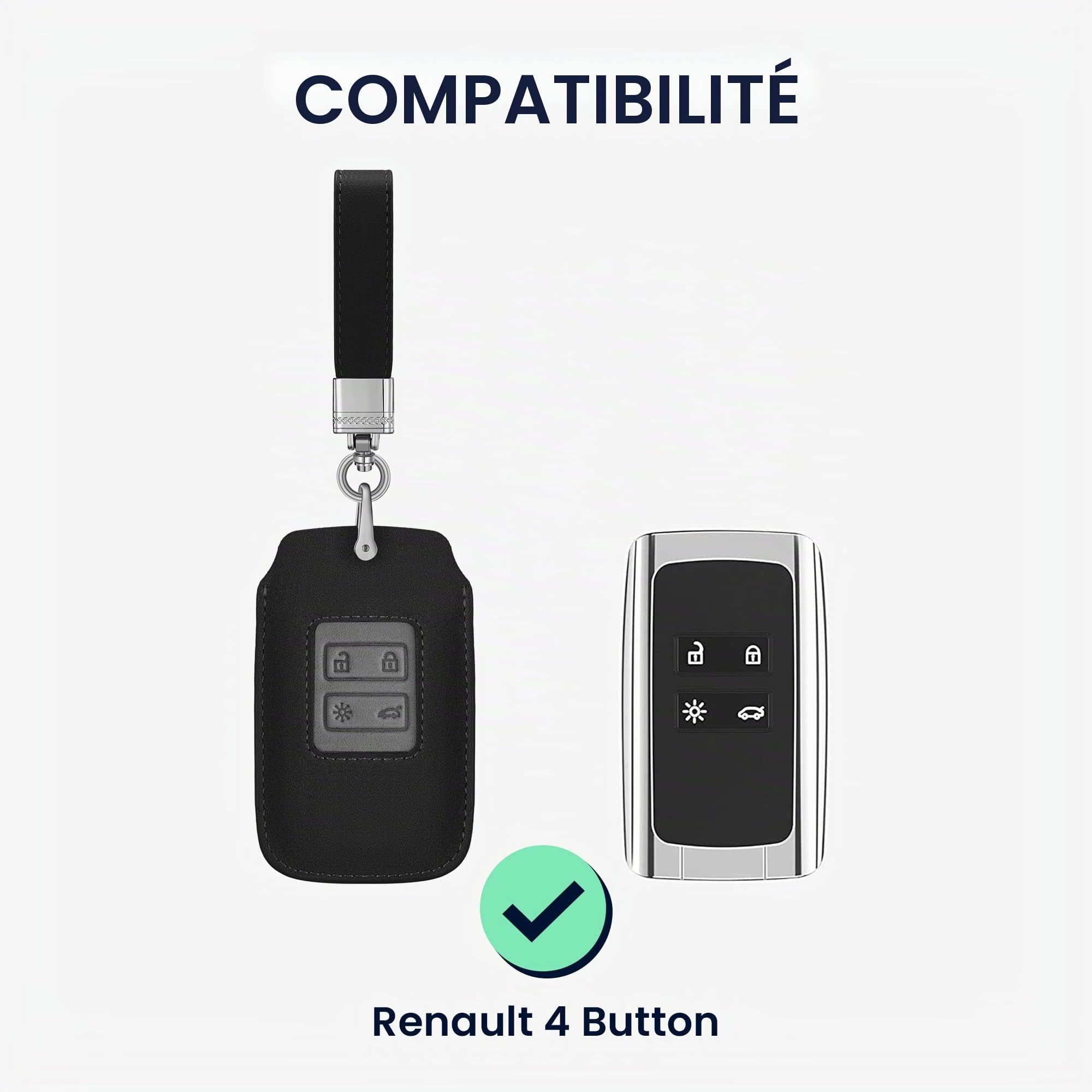 kwmobile Accessoire Clef de Voiture Compatible avec Renault Smart Key 4-Bouton (Keyless Go Uniquement) - Coque de clé de Voiture en Simili Cuir et Simili Daim - Noir-Gris