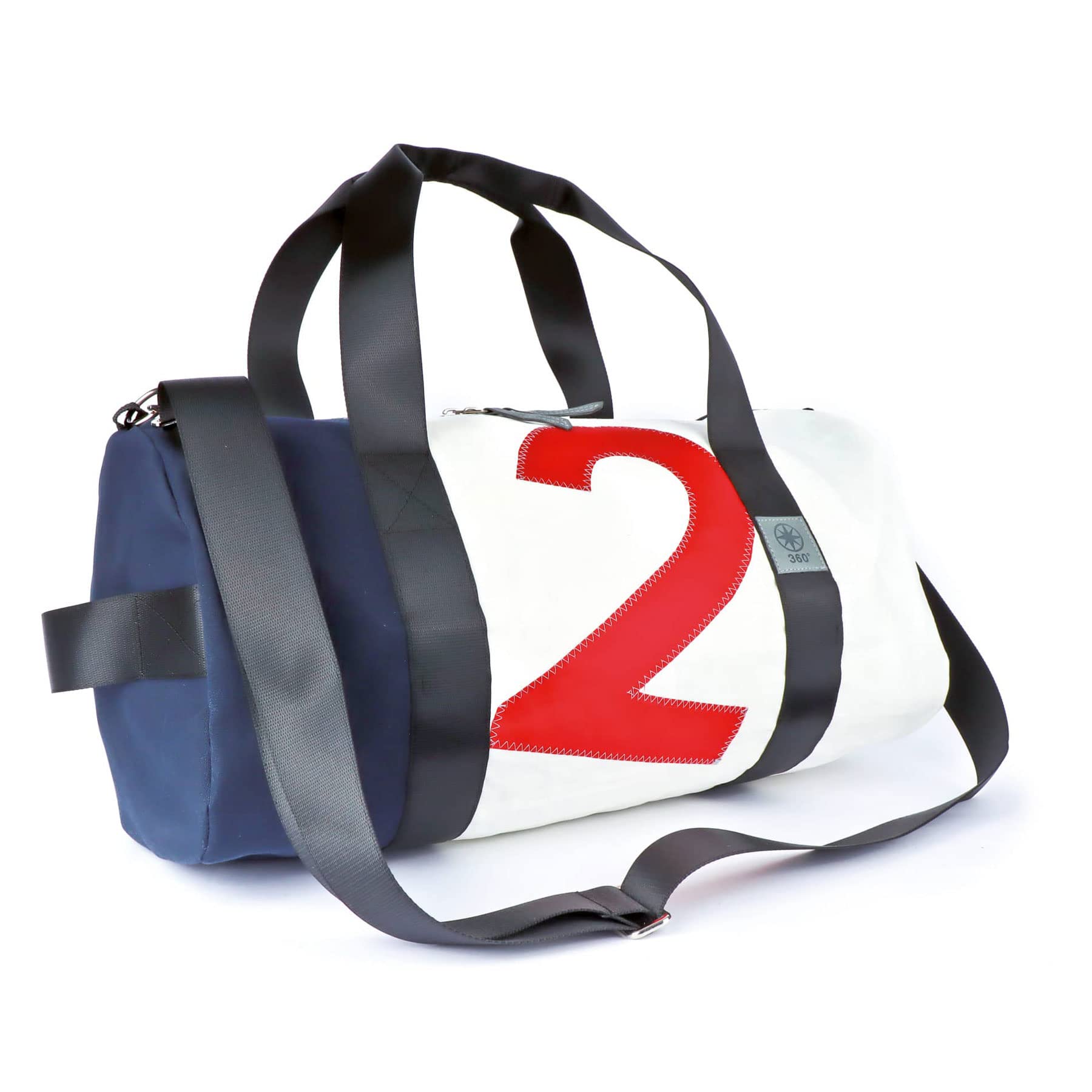 360° Grad Sporttasche, Reisetasche, Weekender, Pirat aus Segeltuch, weiss-blau, Zahl rot, Balken blau, Gurt schwarz