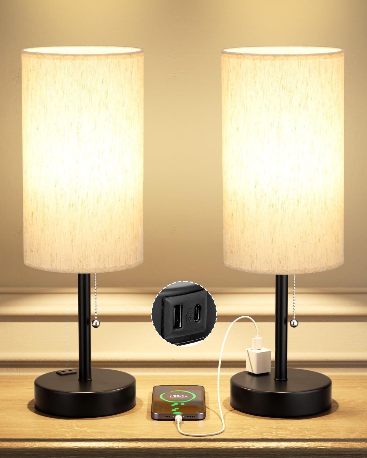 17.4" Cream Bedside Table Lamps Set of 2 - Bedroom Lamp, USB C+A, AC Outlet