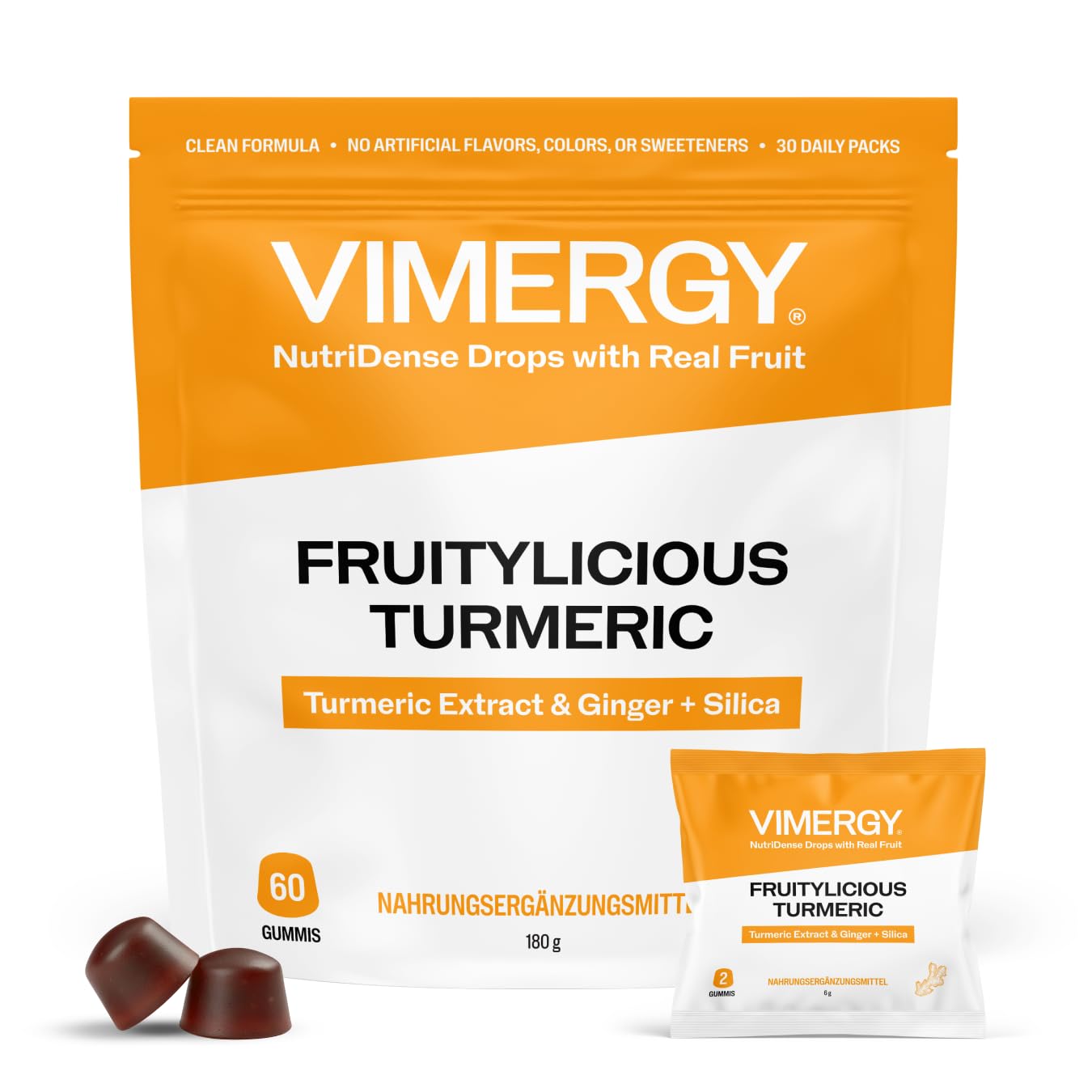 Vimergy NutriDense Fruitylicious Turmeric – Kurkuma + Ingwer Fruchtbissen (kaubar) – glutenfrei, ohne künstliche Süßstoffe, Nahrungsergänzung, 60 Stück (30 Portionen)