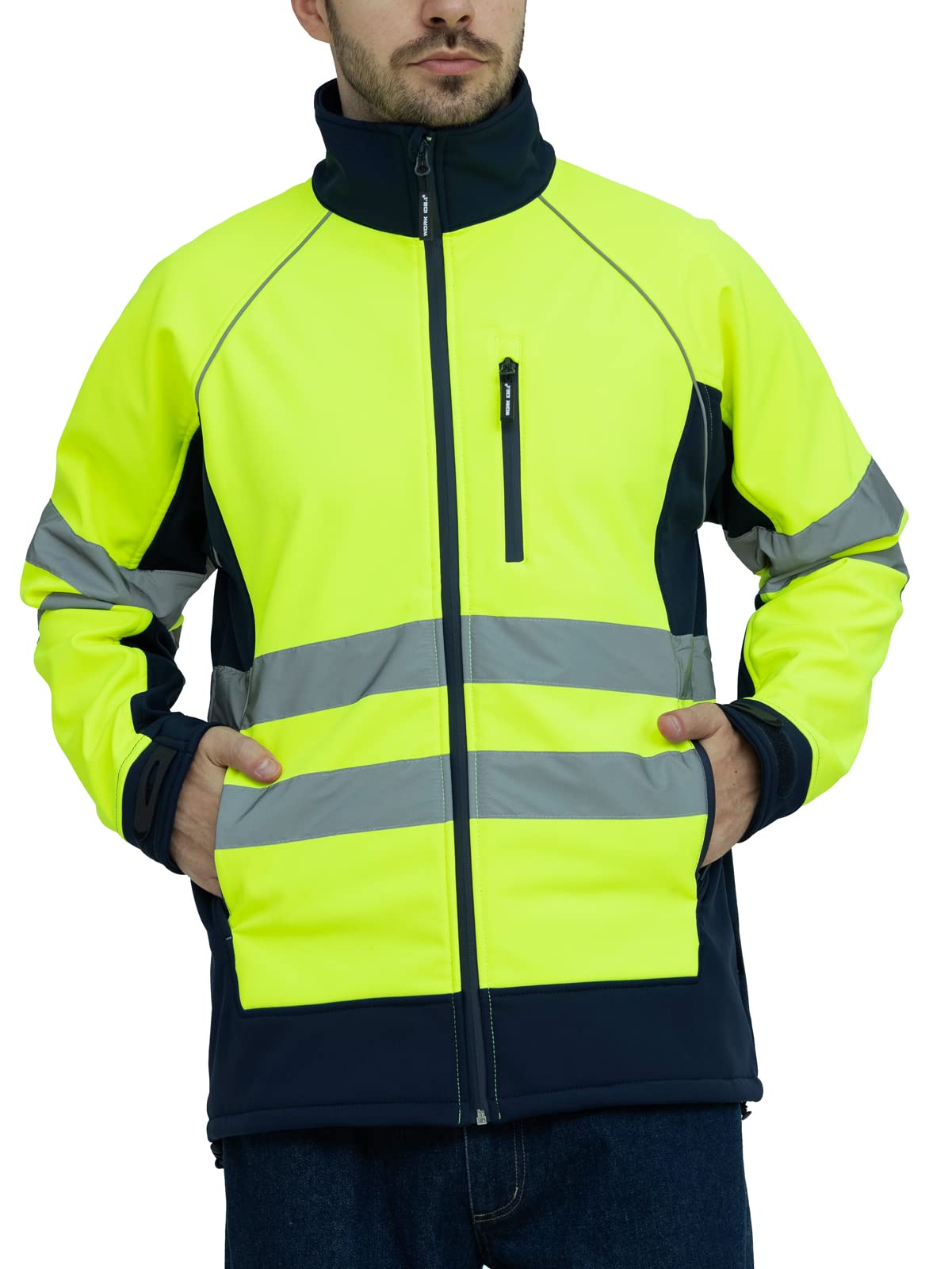 Work Idea Mens Safety Jacket High Visibility Reflective Softshell