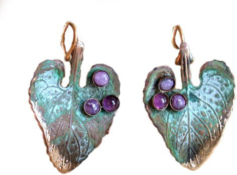Verdigris Patina Leaf Earrings - Amethyst, Charoite - USA Made