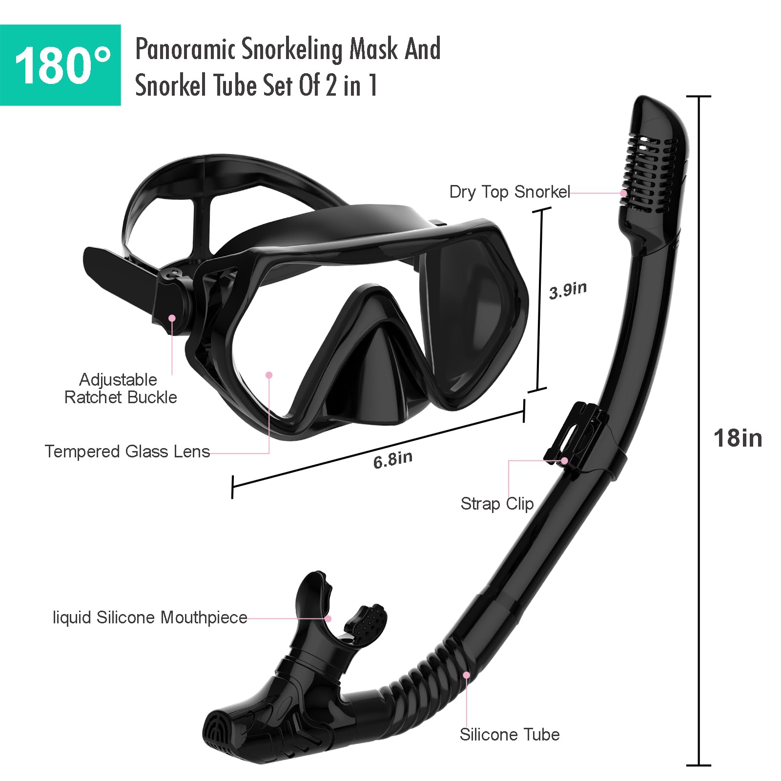 Snorkeling Gear for Adults, JRing Snorkel Mask Set with 180 Degree Tempered Glass Anti Fog Goggles Scuba Dry Top Snorkel for Swimming, Scuba Diving Mask for Men Women