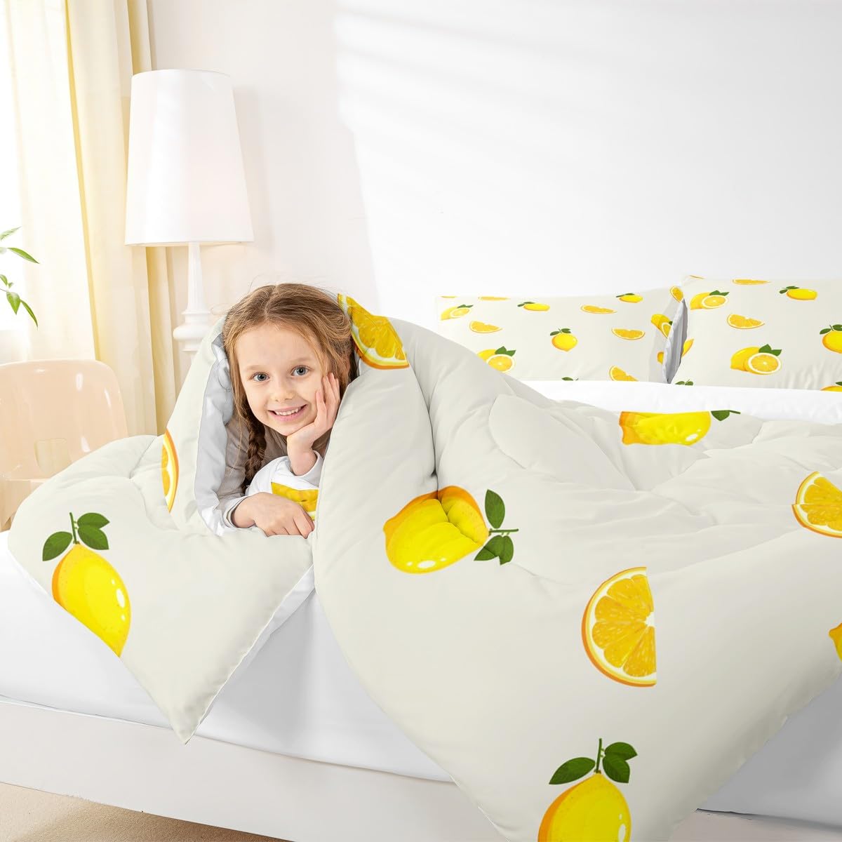 Bettwäsche-Set mit Zitronenmuster, Queen-Size-Größe, gelber Obstdruck, für Kinder, junger Mann, kühles Sommer-Bettwäsche-Set für Teenager, Kinderzimmer, Dekoration, Cartoon-Zitrone, gestepptes