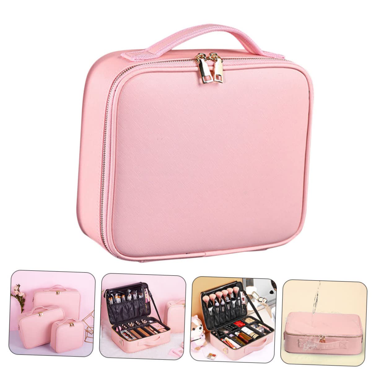 Beauty Case da Viaggio Rosa in Pu con Divisori Regolabili | Organizer per Cosmetici, Chiusura a Zip, Capienza Ampia, per Lavoro e Trasferte, Stile Semplice