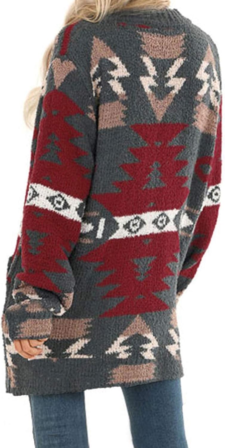 Dokotoo Womens Plus Size Winter Warm Open Front Long Sleeve Aztec Print Cardigans Sweaters Soft Knitted Coats Outerwear Casual Cardigans Jackets with Pockets Gray 2XL