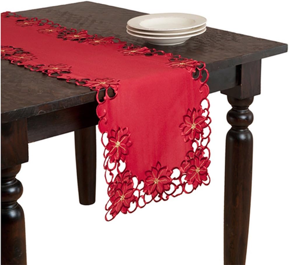 Fennco Styles Holiday Embroidered and Cutwork Poinsettia Table Runner 16" W x 72" L - Red Table Cover for Christmas Décor, Dining Table, Banquets, Special Occasion