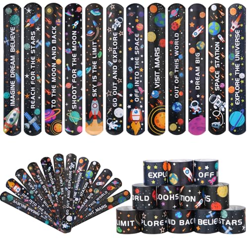 Kolewo4ever 144 Pieces Space Slap Bracelets Space Party Favors Bracelets Fun Words Printed Wristband for Party Supply School Classroom Prize Exchange,12 Styles