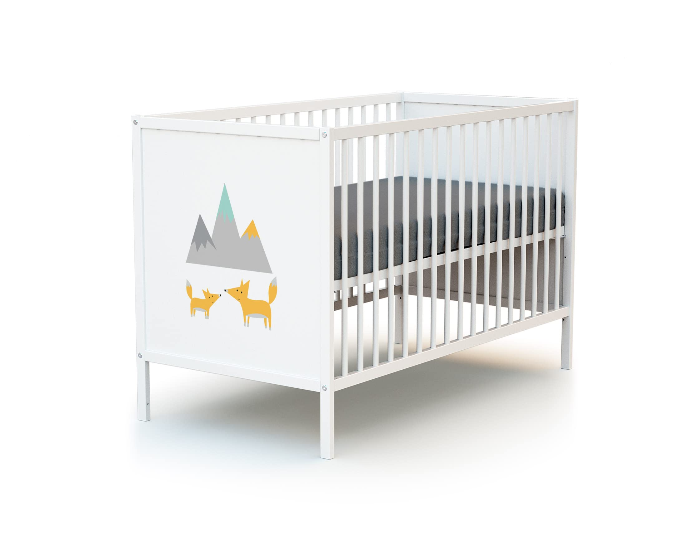WEBABY - Łóżeczko dziecięce z panelami White Fox| 124 x 64,5 x 82 cm | Łóżko drewniane 100% lity buk | Regulowana podstawa łóżka na 3 wysokościach