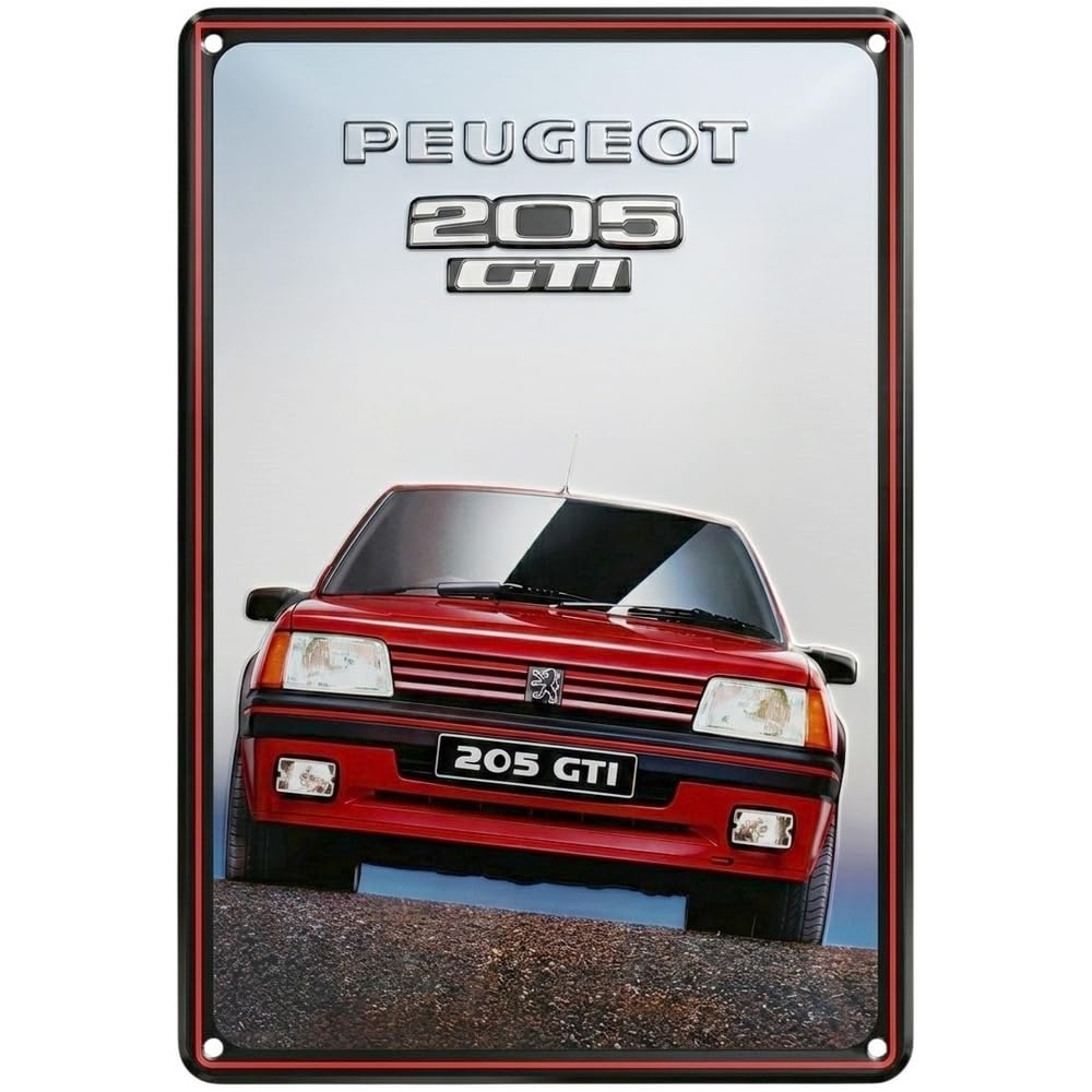 16131VRB PEUGEOT 205 GTI - Targa in metallo decorativa vintage retrò, formato 20 x 30 cm, con 4 fori 5 mm, per fissaggio a parete, idea regalo per appassionati di accessori auto da collezione