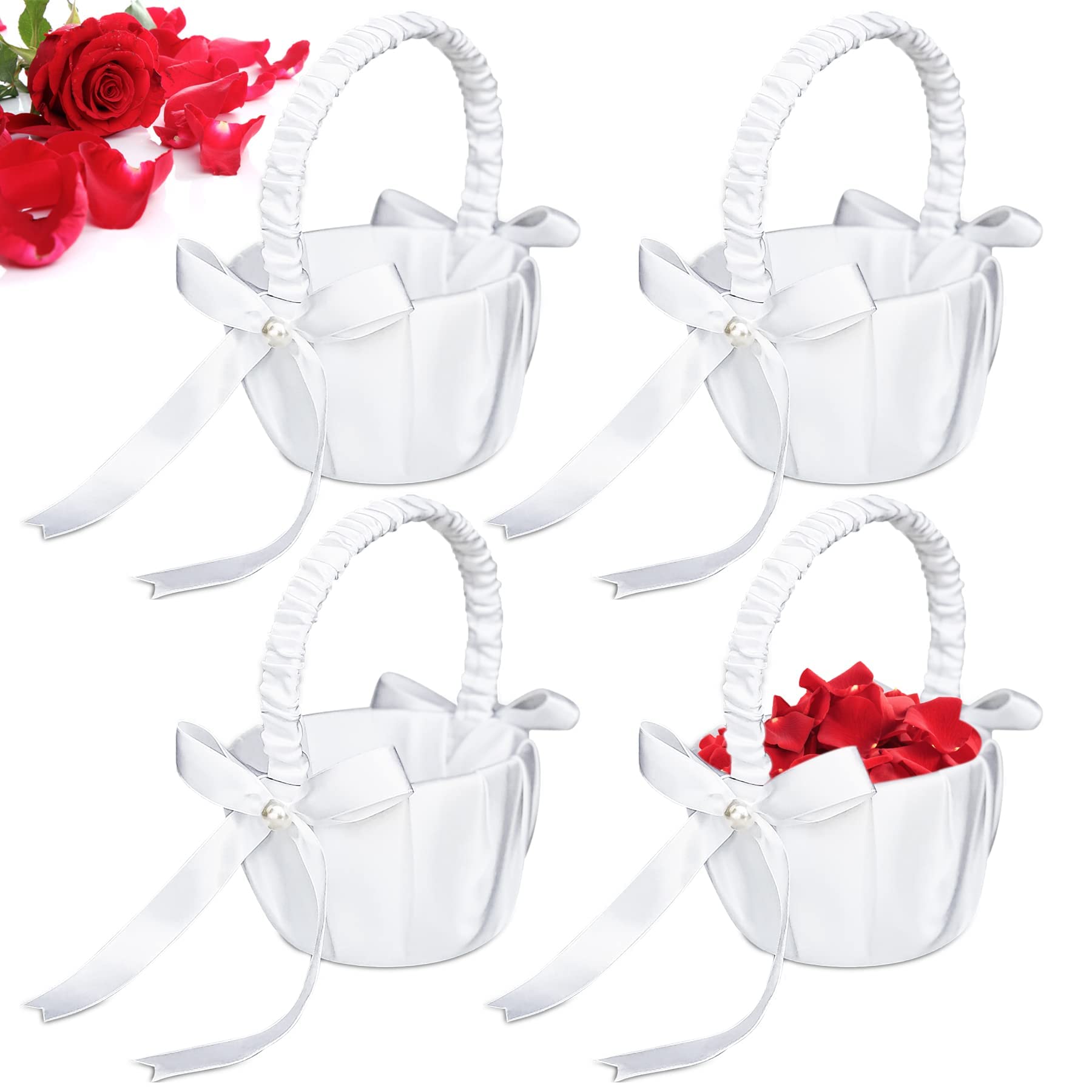 Excefore White Flower Girl Baskets for Weddings, Ivory Flower Girl Basket, Wedding Banquet Party Supplies, 13 x 20cm (4 Pcs)