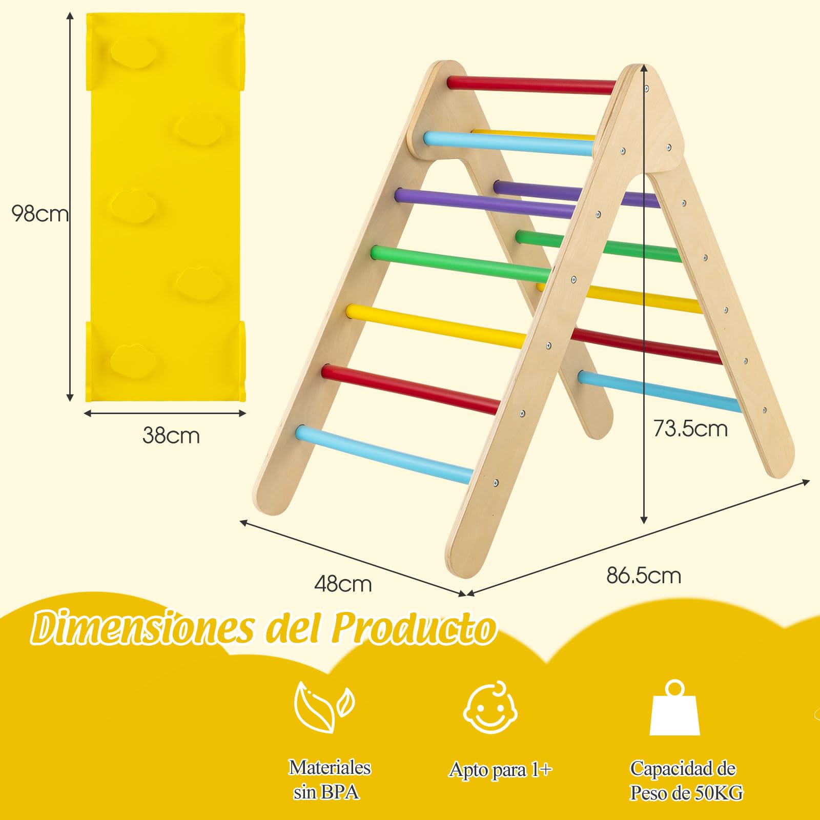 GOPLUS Triángulo de Escalada con Rampa Reversible, Juguete de Escalada para Niños de Madera 2 en 1, Juguete para Escalar y Deslizarse, Parque Infantil para Guardería, Carga 50 KG (Multicolor)