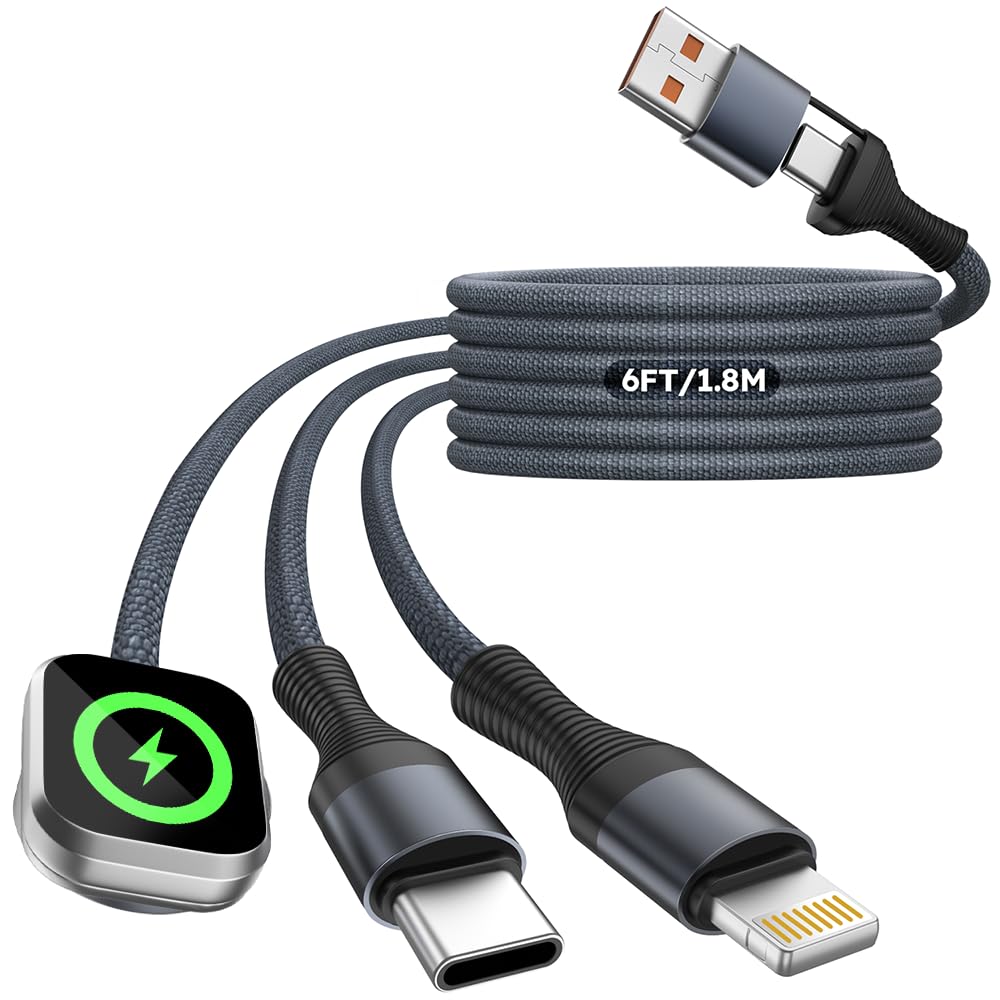 Travel Essentials Câble de charge multiple de 19,4 cm² pour Apple Watch, chargeur USB A/C vers chargeur de type C/IP/iWatch, câbles de charge pour plusieurs appareils compatibles avec iWatch Series et