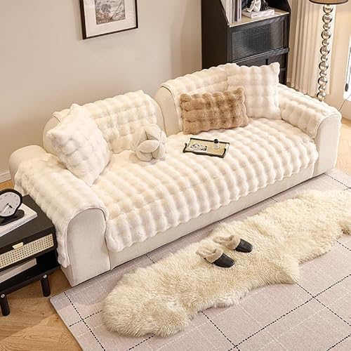 滑り止め加工の超ソフトファーファブリックソファカバー、ふわふわで心地よいソファカバー、セクショナルソファ対応・洗濯機洗い可能、ペット&子供向け多用途家具プロテクター(Cream White,110*110cm)